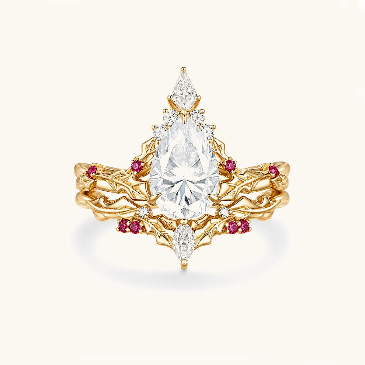 Stackable Botanical Pear Moissanite Ring Set - Gold