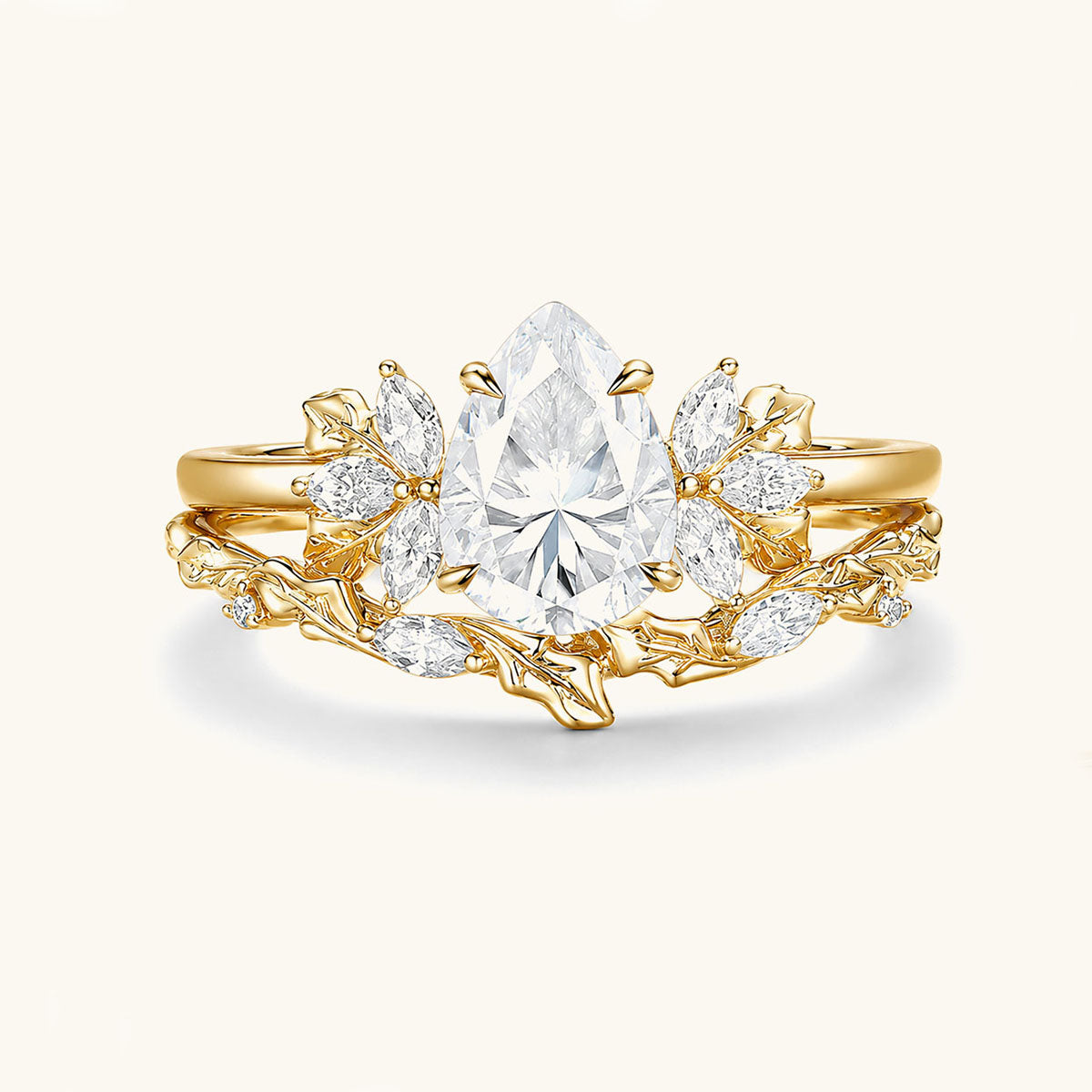 Stackable Cluster Pear Moissanite Ring Set - Gold