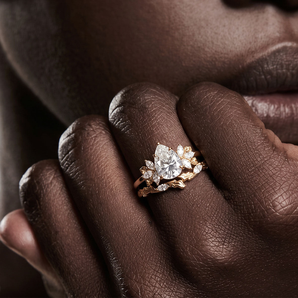Stackable Cluster Pear Moissanite Ring Set - Gold