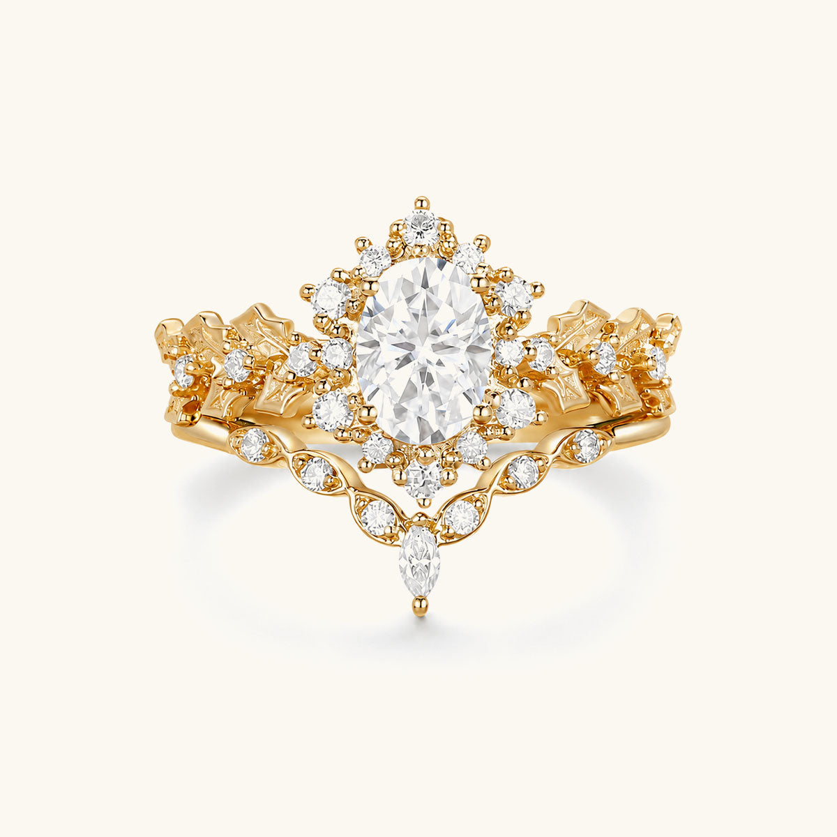 2 Piece Floral Oval Moissanite Ring Set - Gold