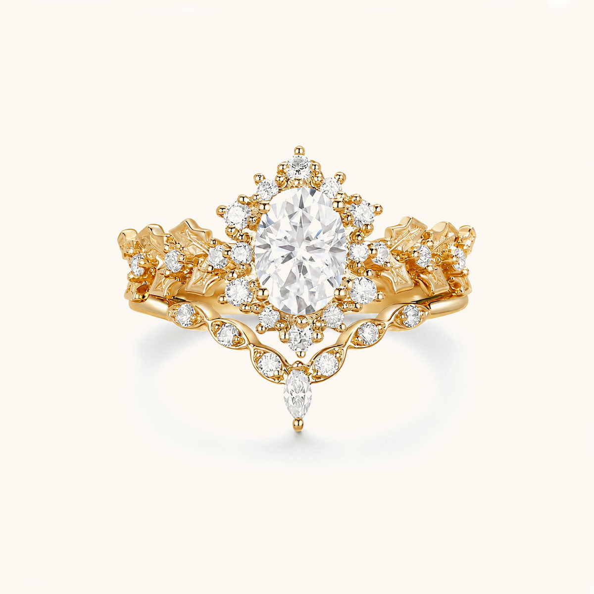 Stackable Floral Oval Moissanite Ring Set - Gold