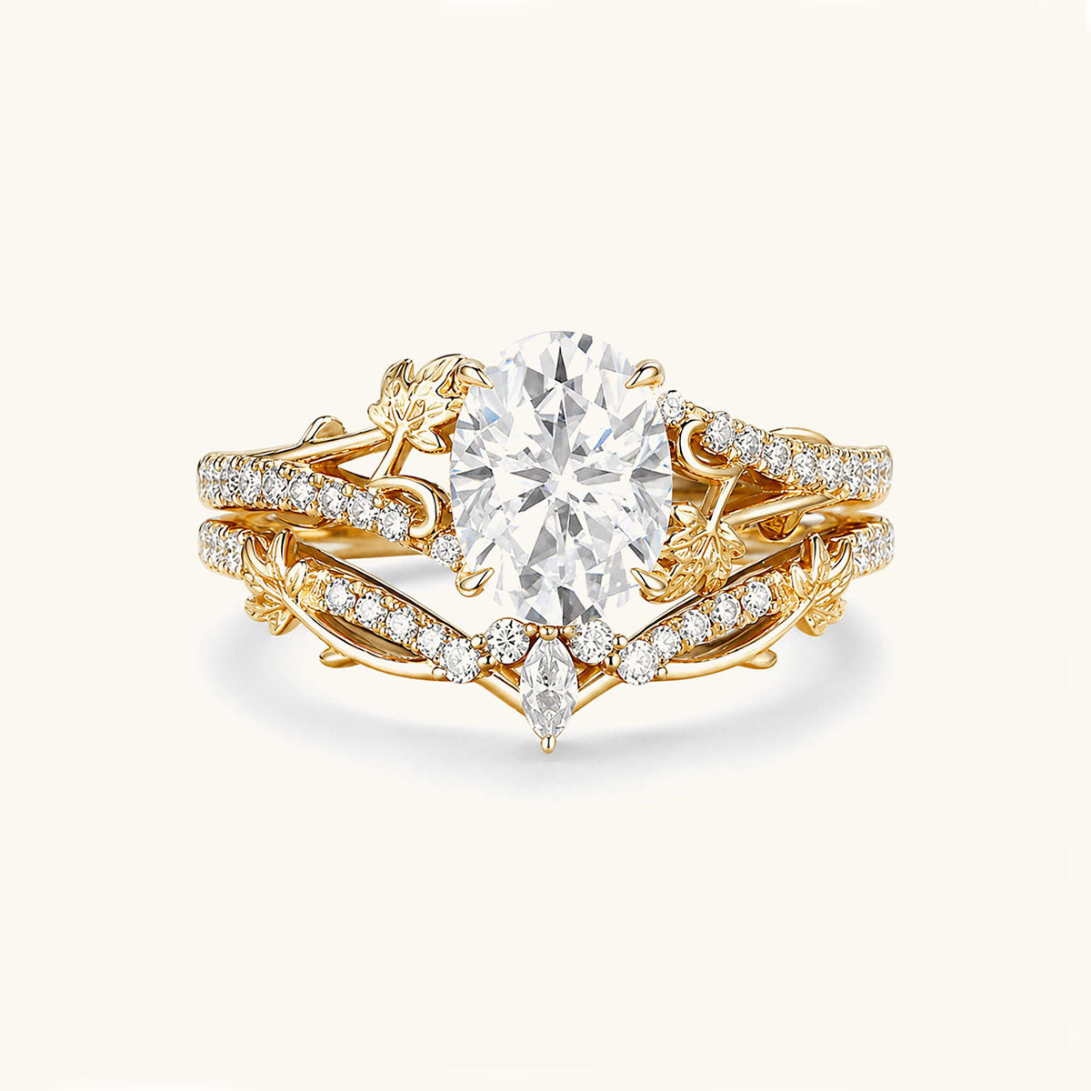 Stackable Vine Oval Moissanite Ring Set - Gold
