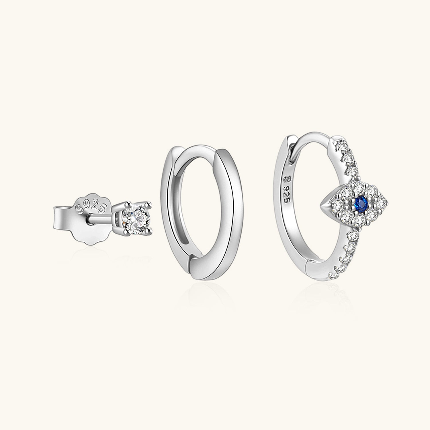 3 Piece Evil Eye Huggie Hoop Earring Bundles - Silver