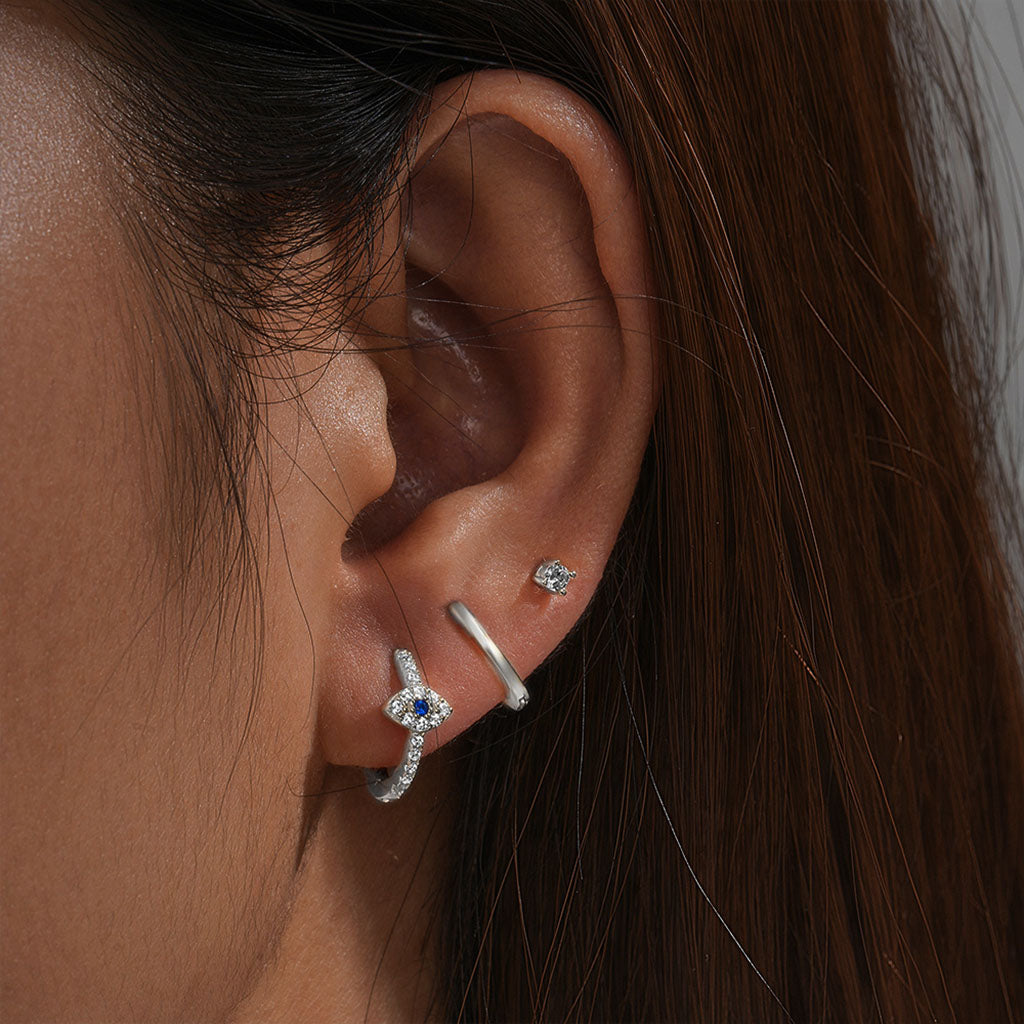 3 Piece Evil Eye Huggie Hoop Earring Bundles - Silver