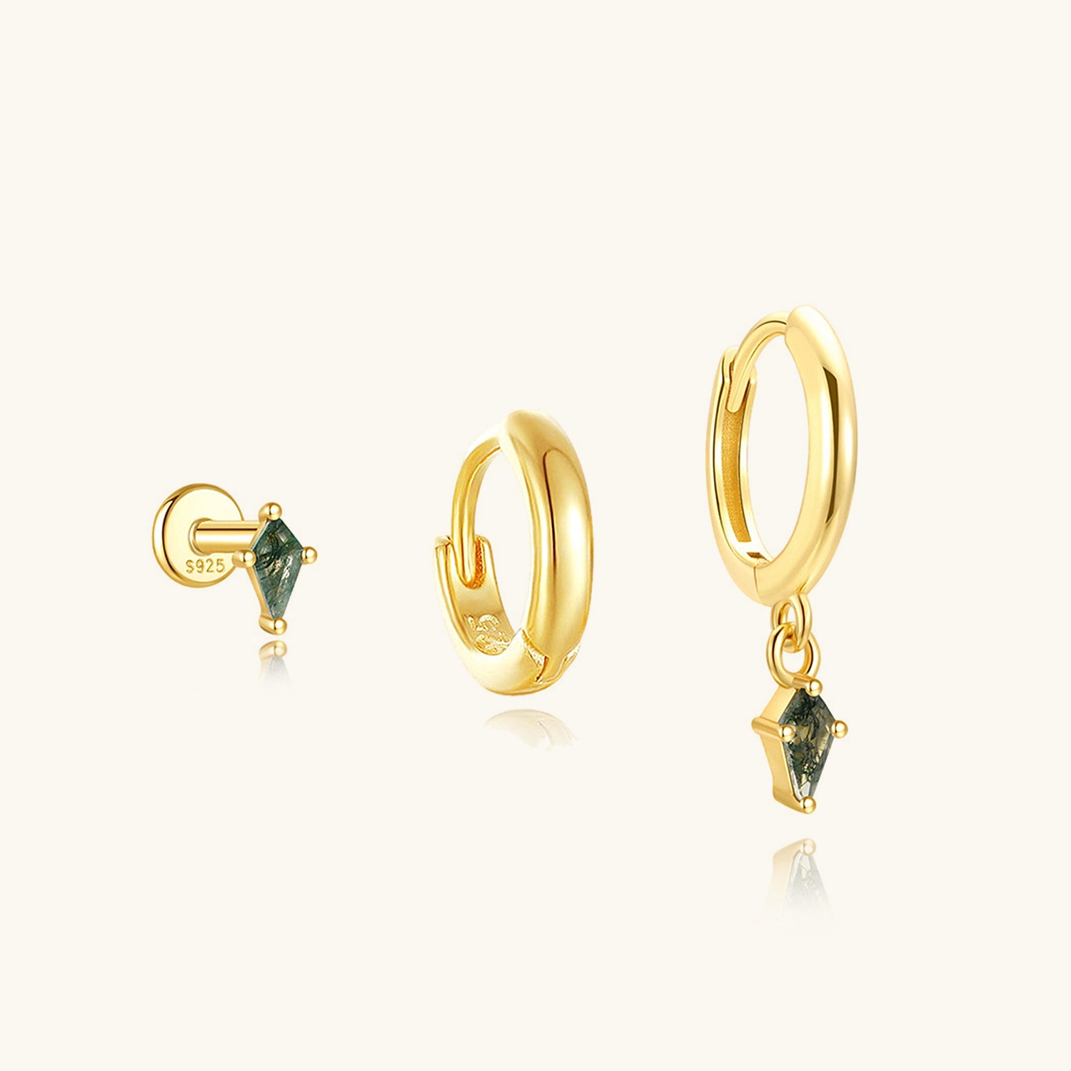 3 Piece Kite Cut Moss Agate Earring Bundles - Gold