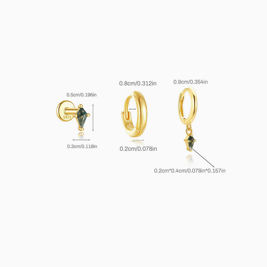 3 Piece Kite Cut Moss Agate Earring Bundles - Gold