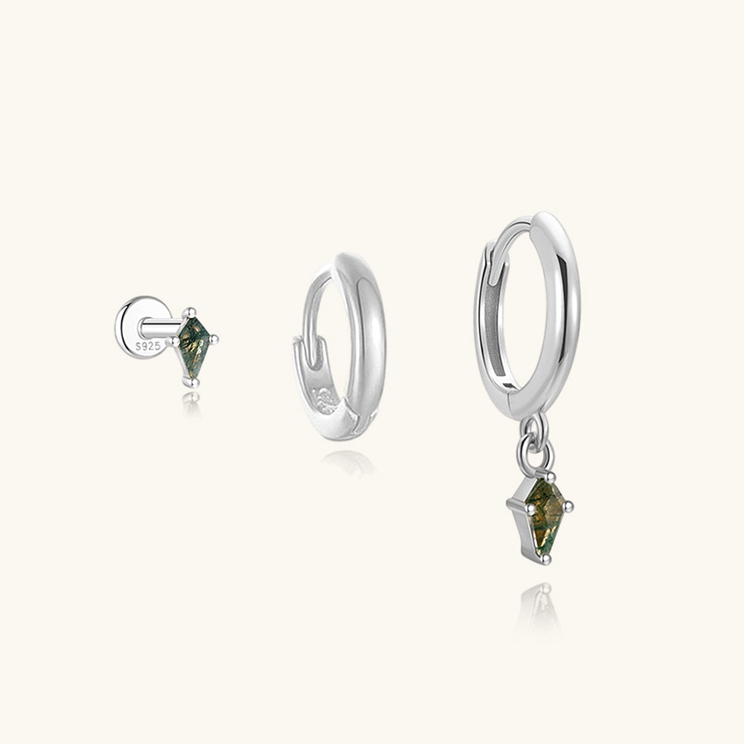 3 Piece Kite Cut Moss Agate Earring Bundles - Silver