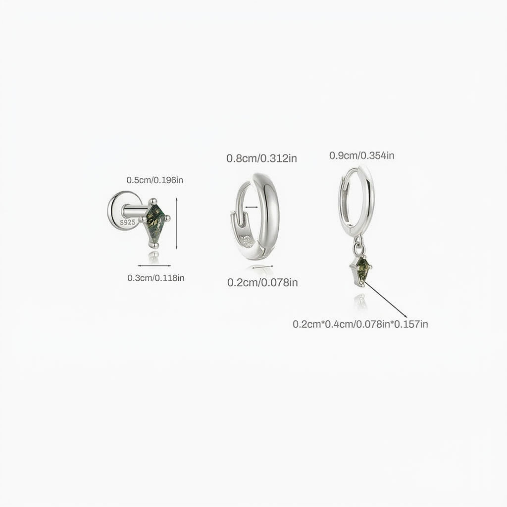 3 Piece Kite Cut Moss Agate Earring Bundles - Silver