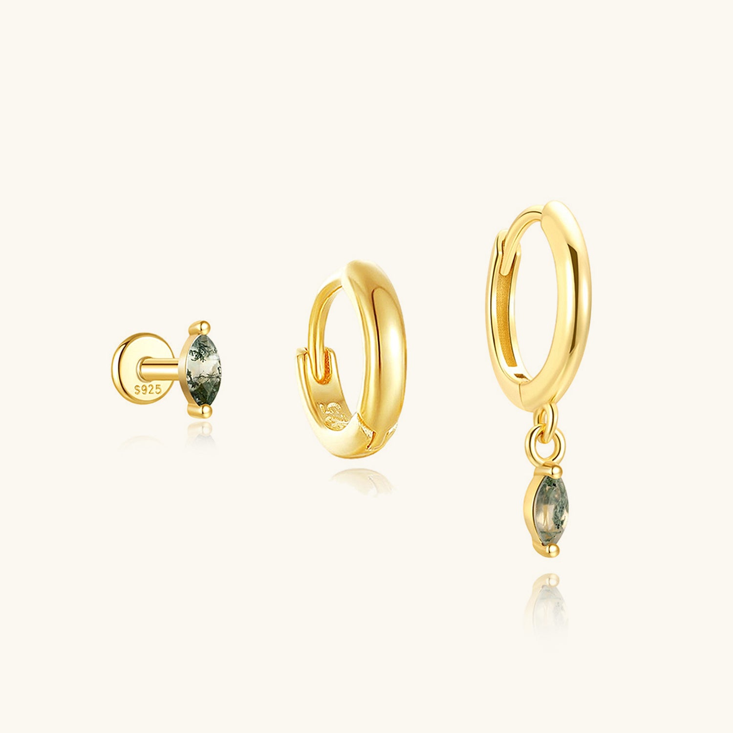 3 Piece Marquise Moss Agate Earring Bundles - Gold