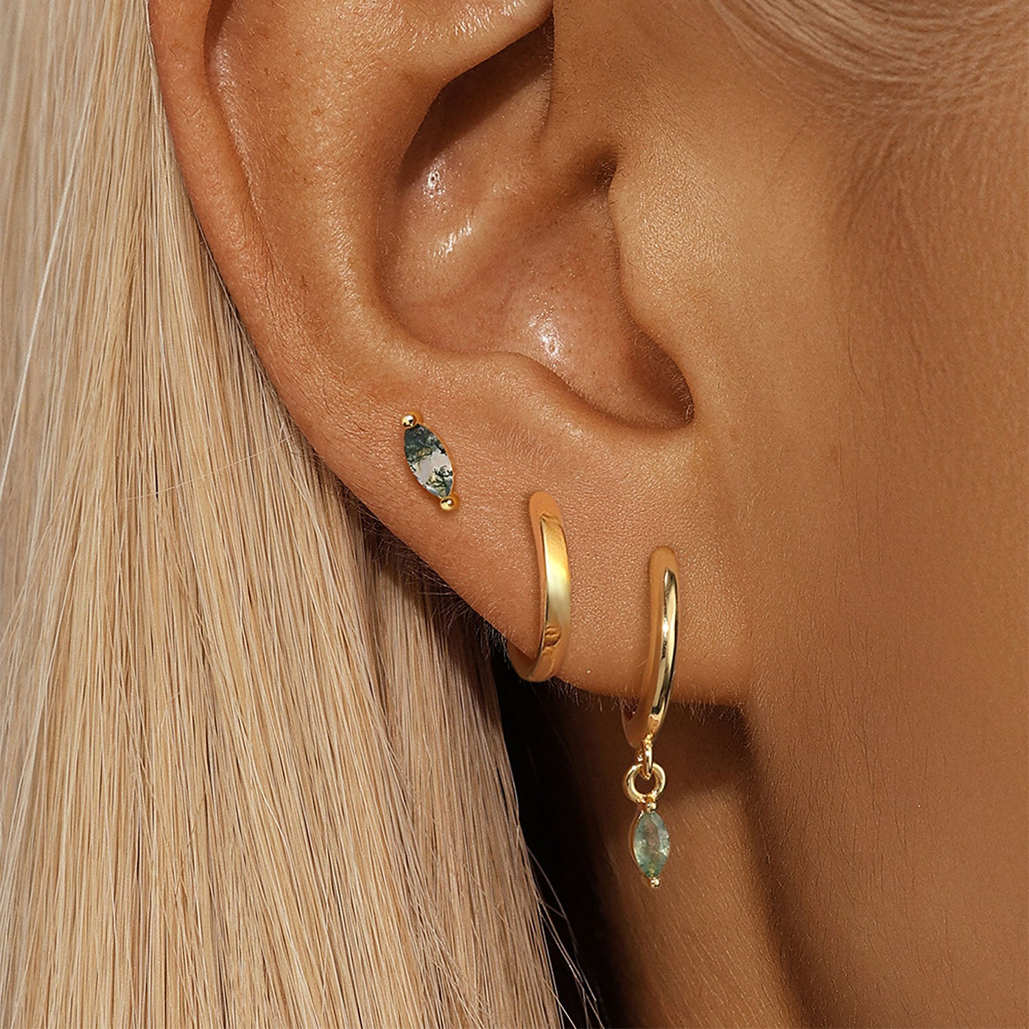 3 Piece Marquise Moss Agate Earring Bundles - Gold