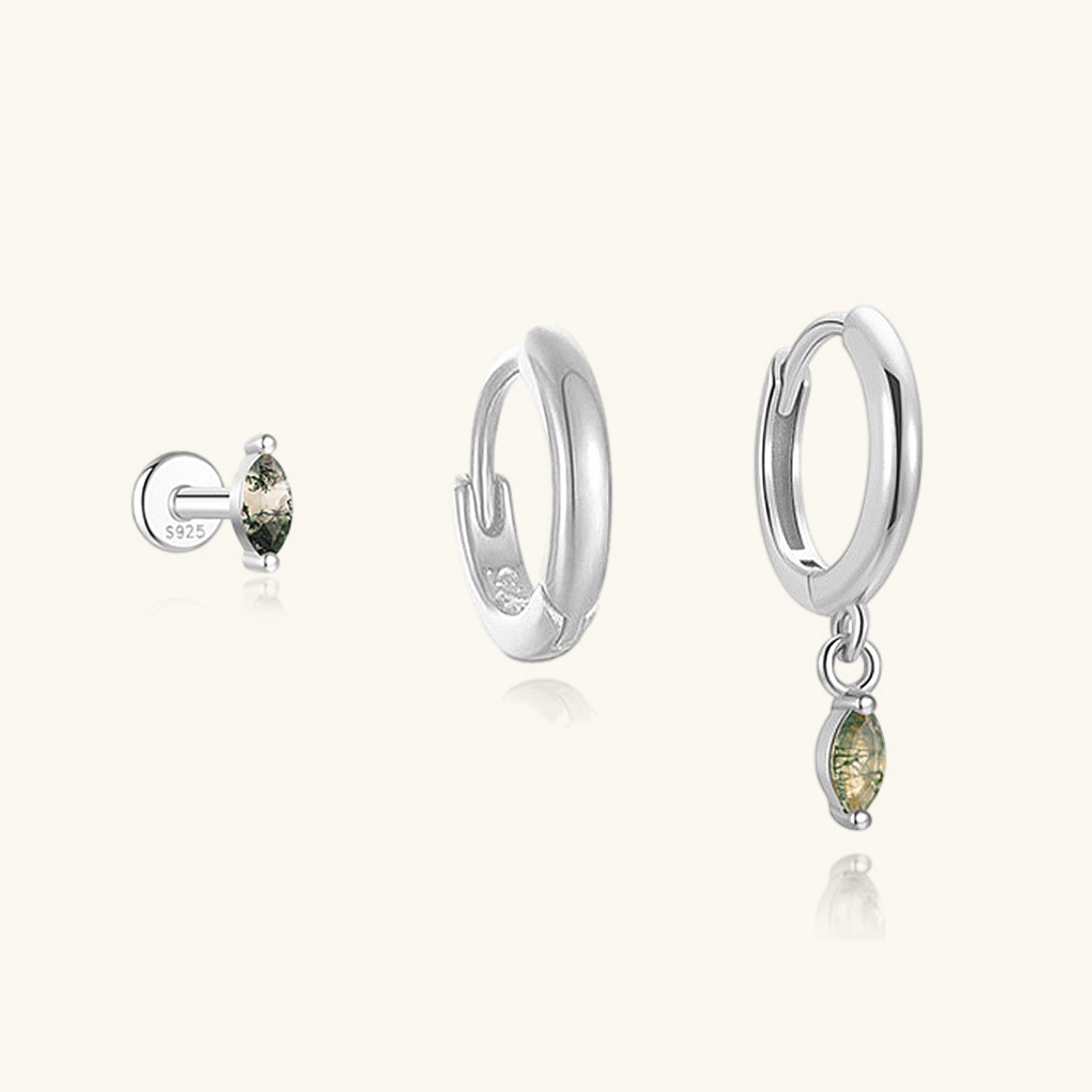 3 Piece Marquise Moss Agate Earring Bundles - Silver