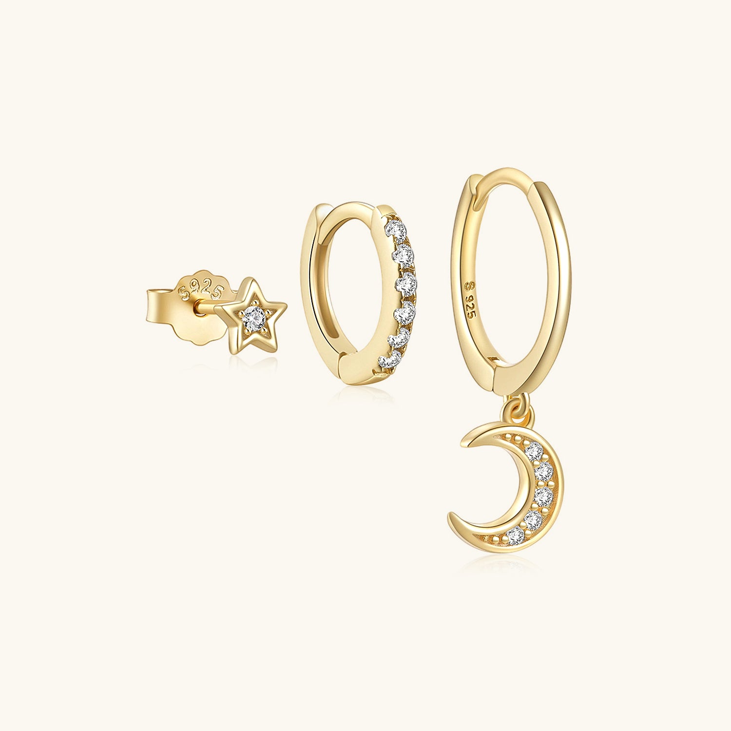 3 Piece Moon and Star Huggie Hoop Earring Bundles - Gold