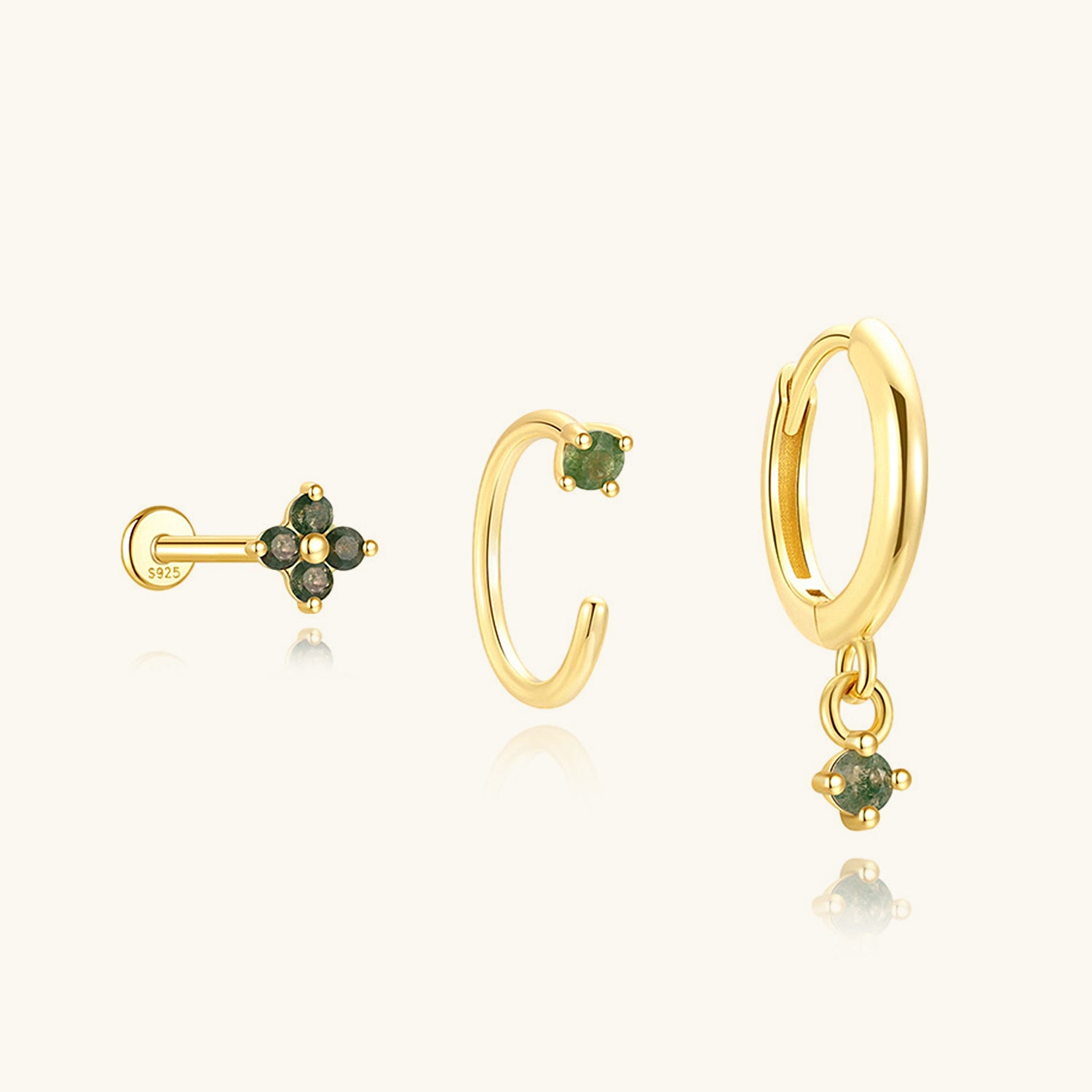 3 Piece Moss Agate Cartilage Earring Bundles - Gold