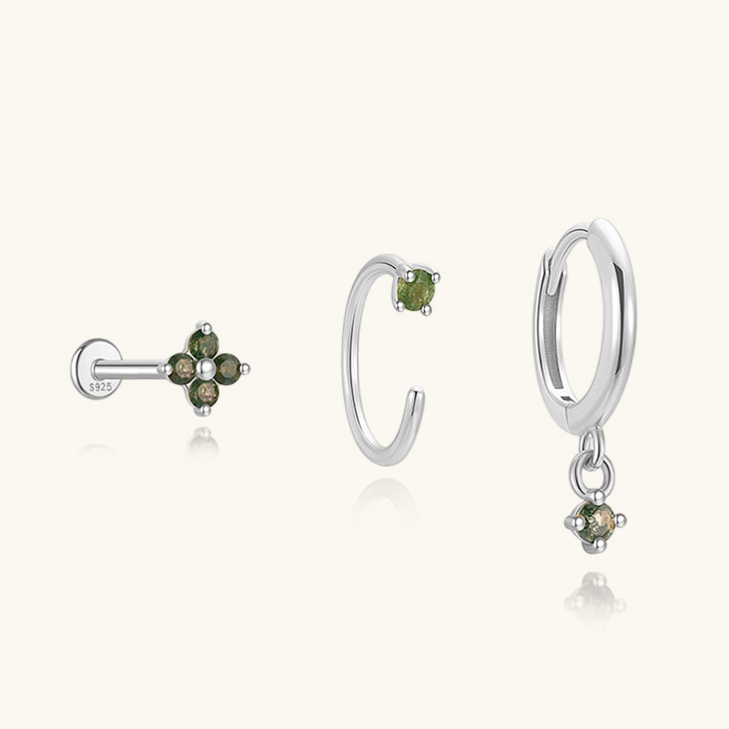 3 Piece Moss Agate Cartilage Earring Bundles - Silver