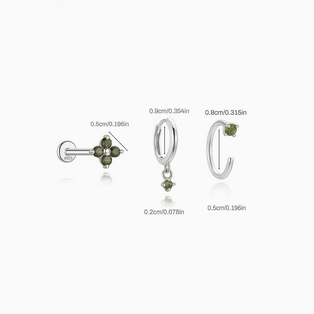 3 Piece Moss Agate Cartilage Earring Bundles - Silver