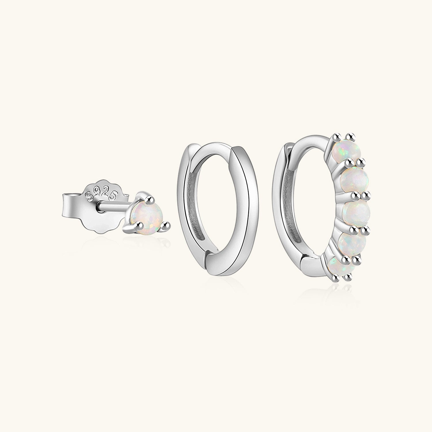 3 Piece Opal Huggie Hoop Earring Bundles - Silver