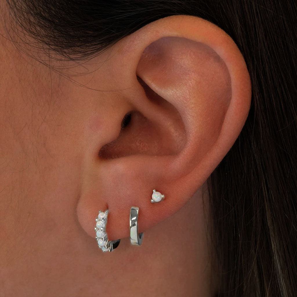 3 Piece Opal Huggie Hoop Earring Bundles - Silver