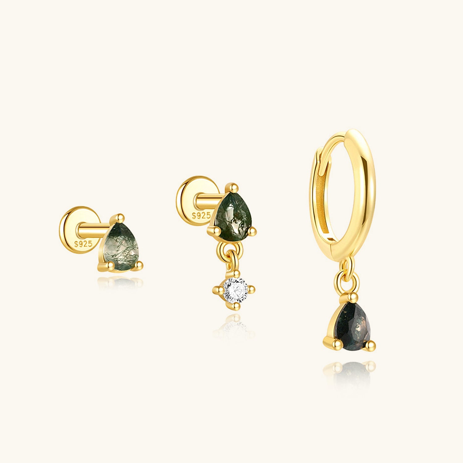 3 Piece Pear Moss Agate Earring Bundles - Gold