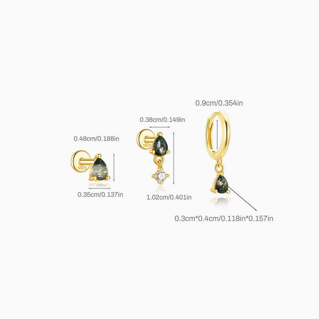 3 Piece Pear Moss Agate Earring Bundles - Gold