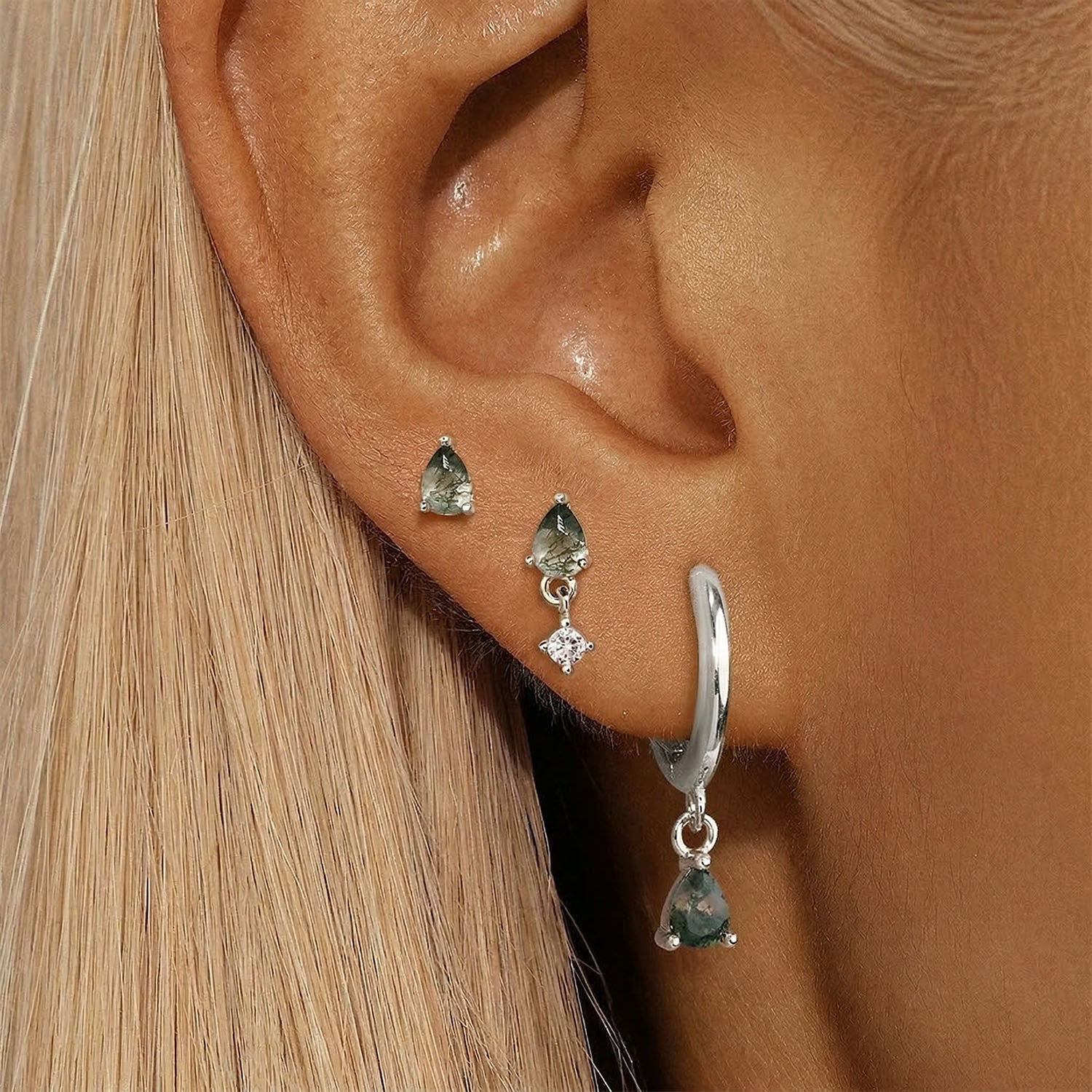 3 Piece Pear Moss Agate Earring Bundles - Silver