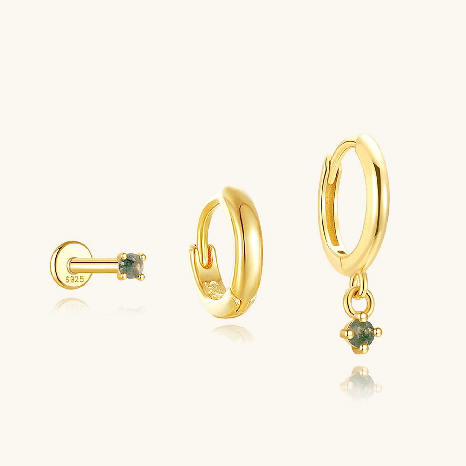 3 Piece Round Moss Agate Earring Bundles - Gold