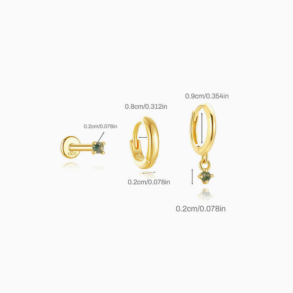 3 Piece Round Moss Agate Earring Bundles - Gold