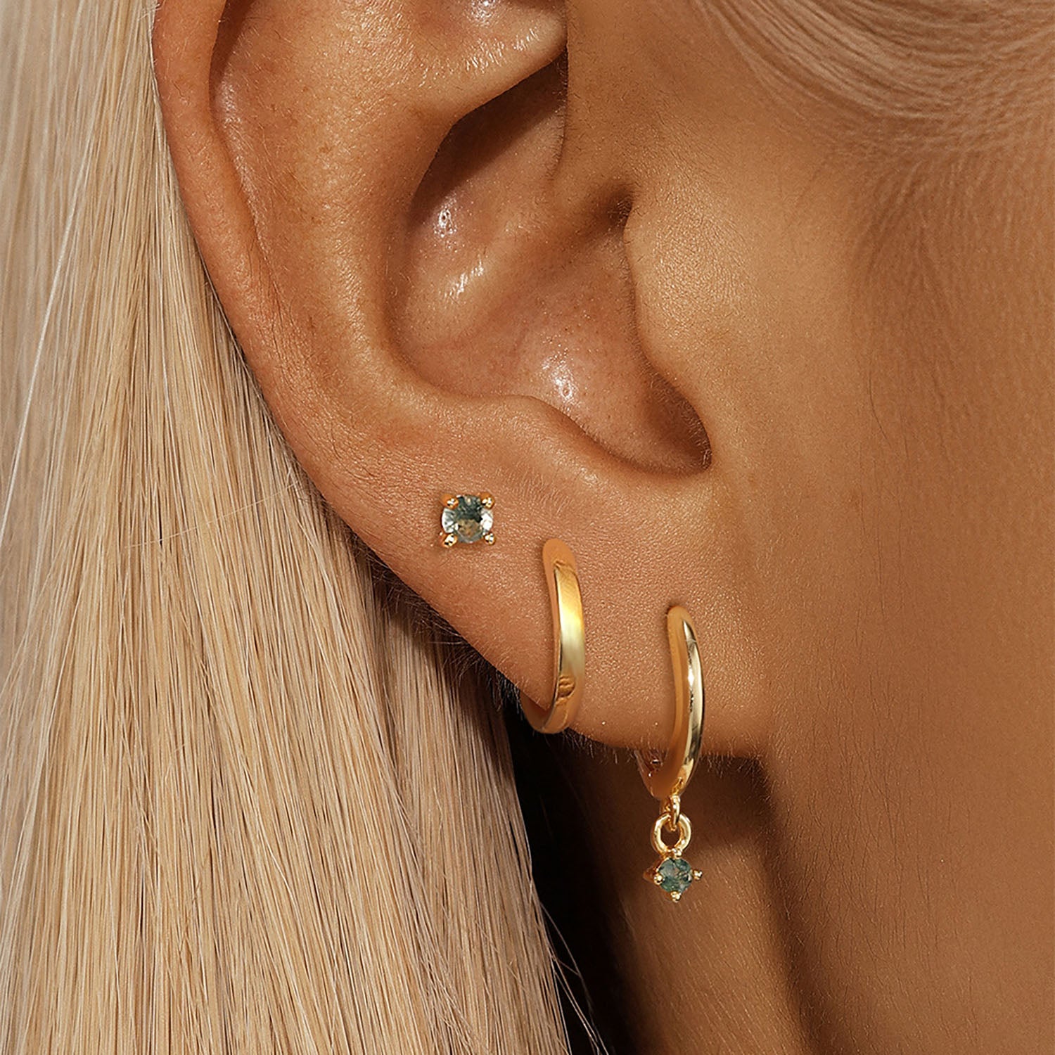 3 Piece Round Moss Agate Earring Bundles - Gold