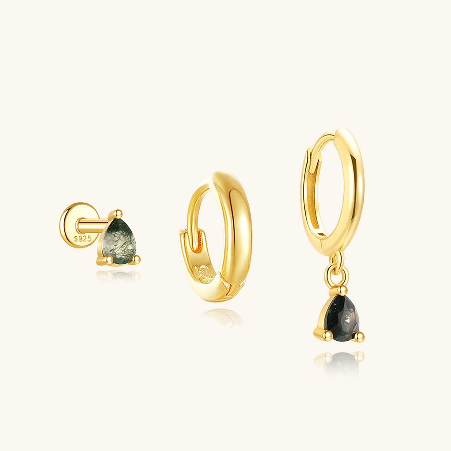 3 Piece Teardrop Moss Agate Earring Bundles - Gold