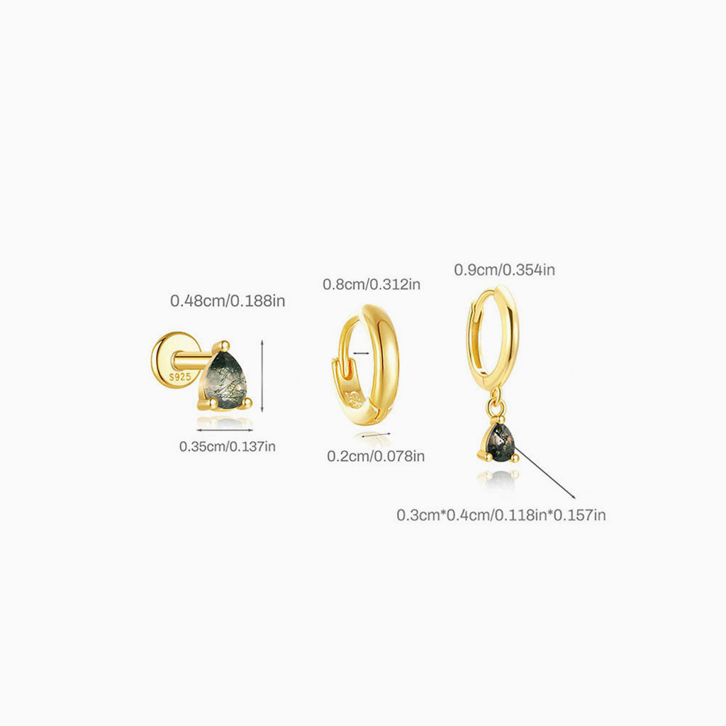 3 Piece Teardrop Moss Agate Earring Bundles - Gold