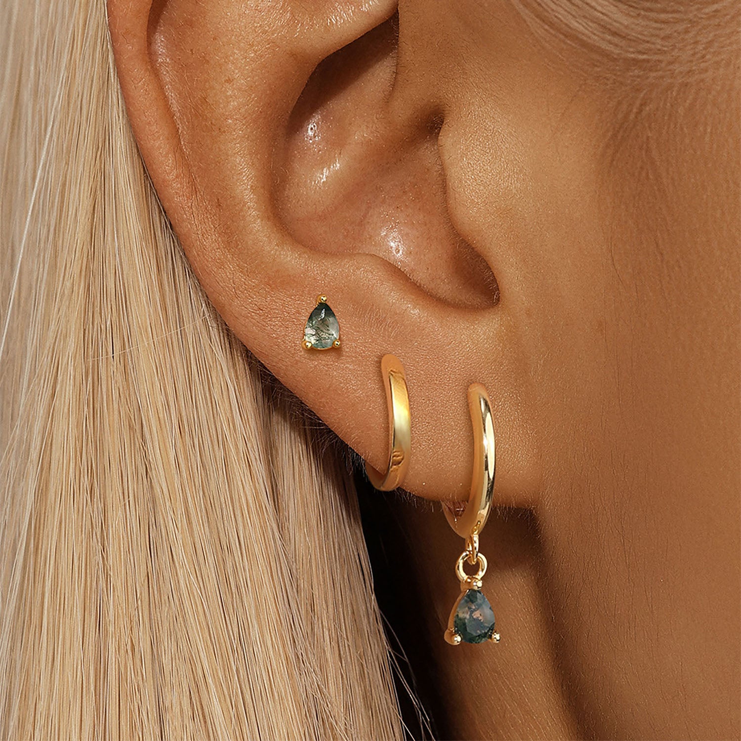 3 Piece Teardrop Moss Agate Earring Bundles - Gold