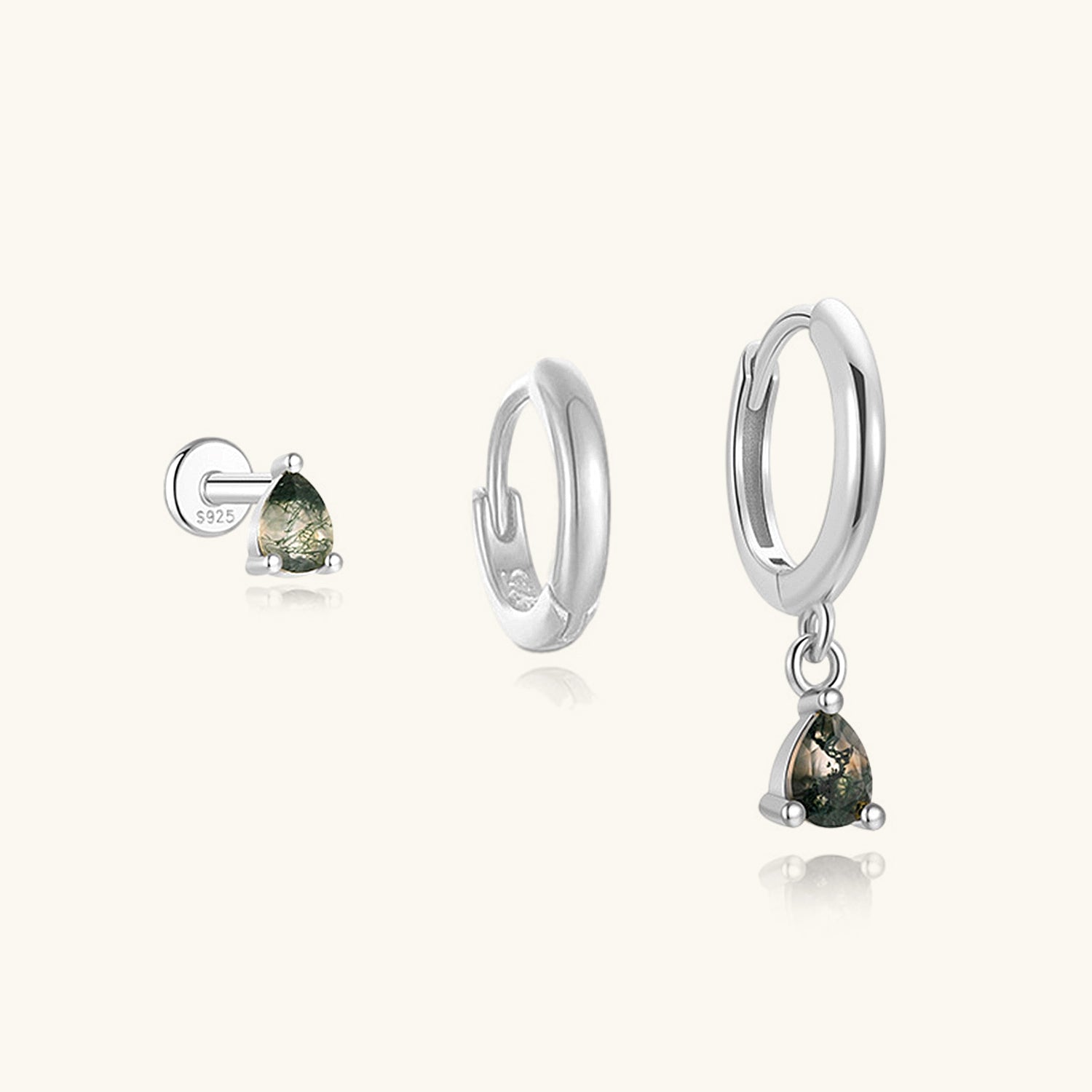 3 Piece Teardrop Moss Agate Earring Bundles - Silver
