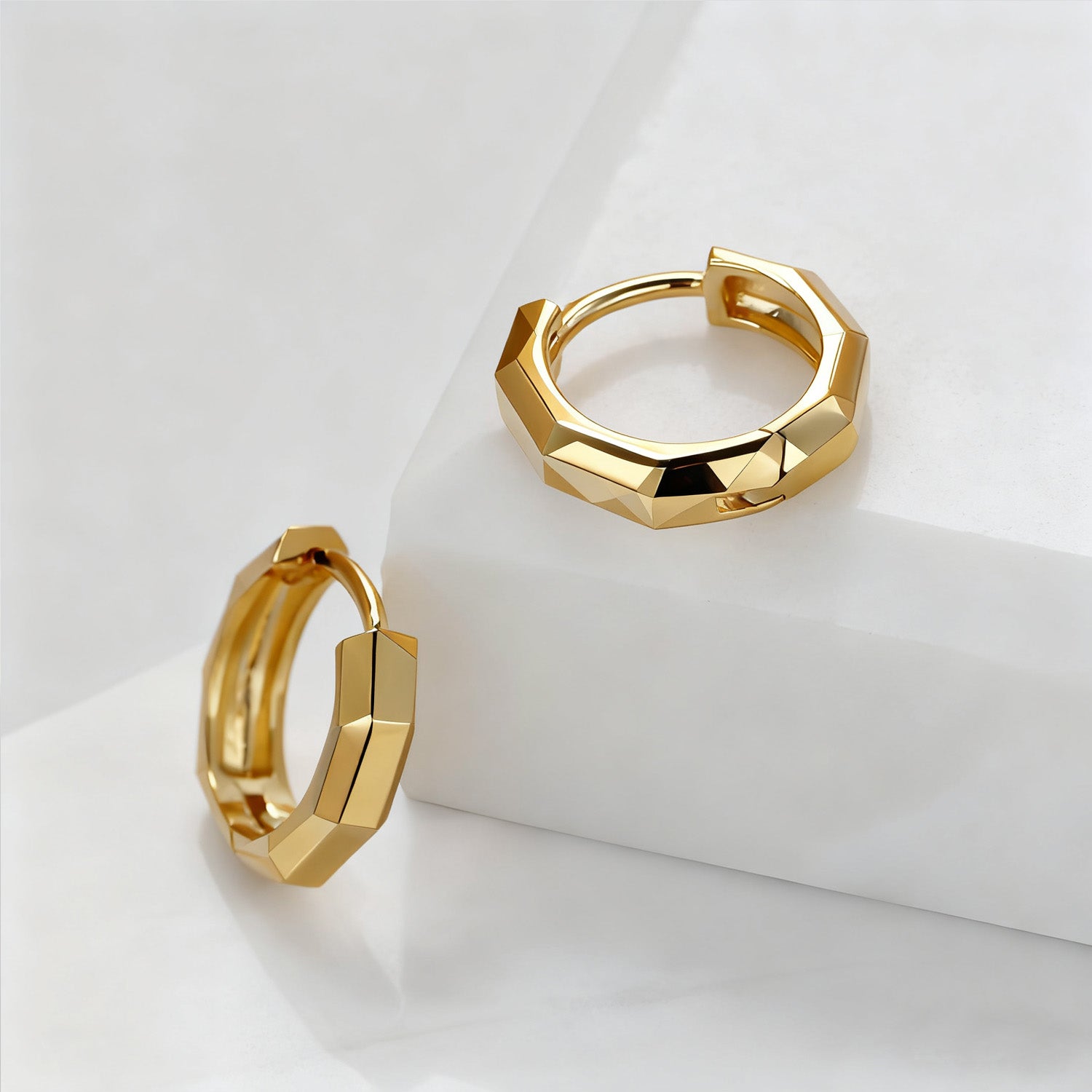 Geometric Octagon Hoop Huggie Earrings - Gold