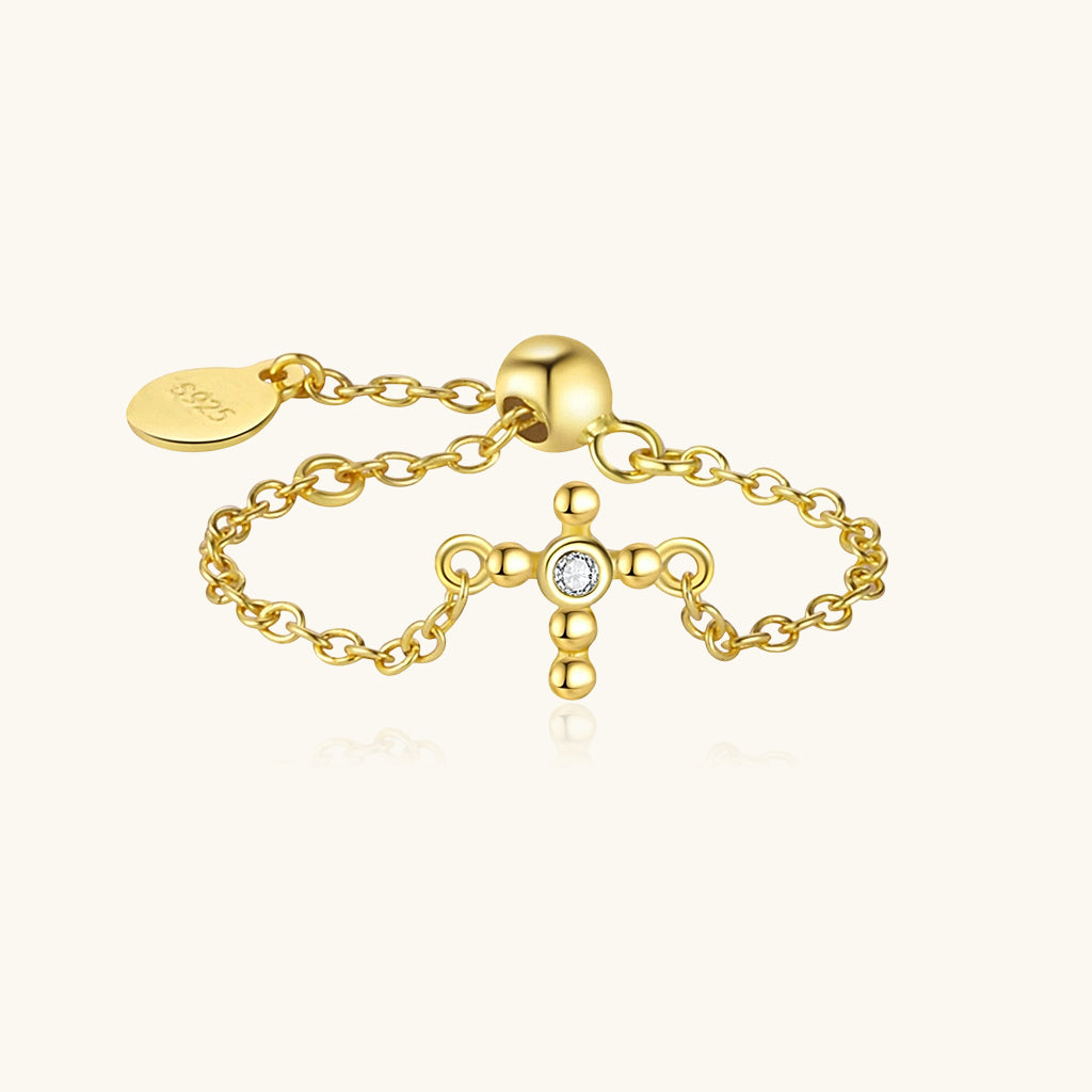 Adjustable Diamond Beaded Cross Chain Ring - Gold