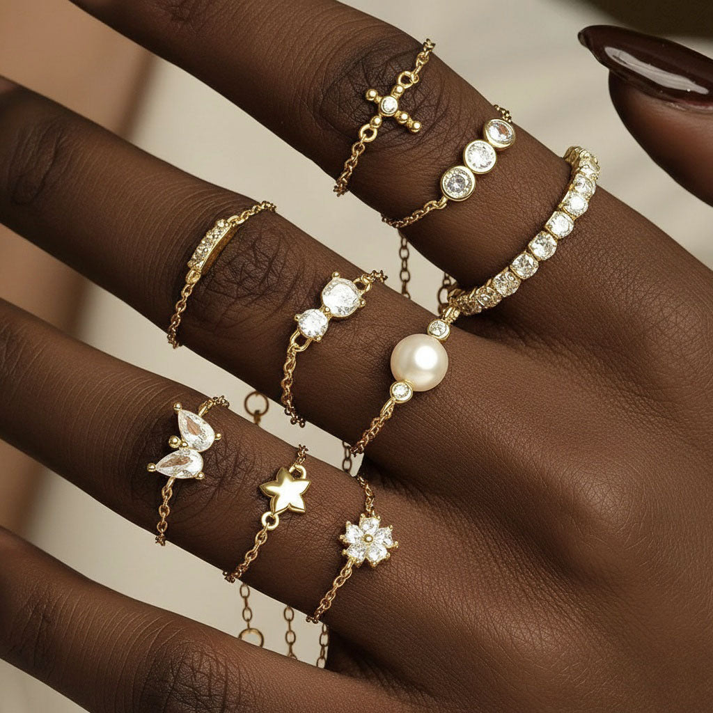 Adjustable Diamond Beaded Cross Chain Ring - Gold