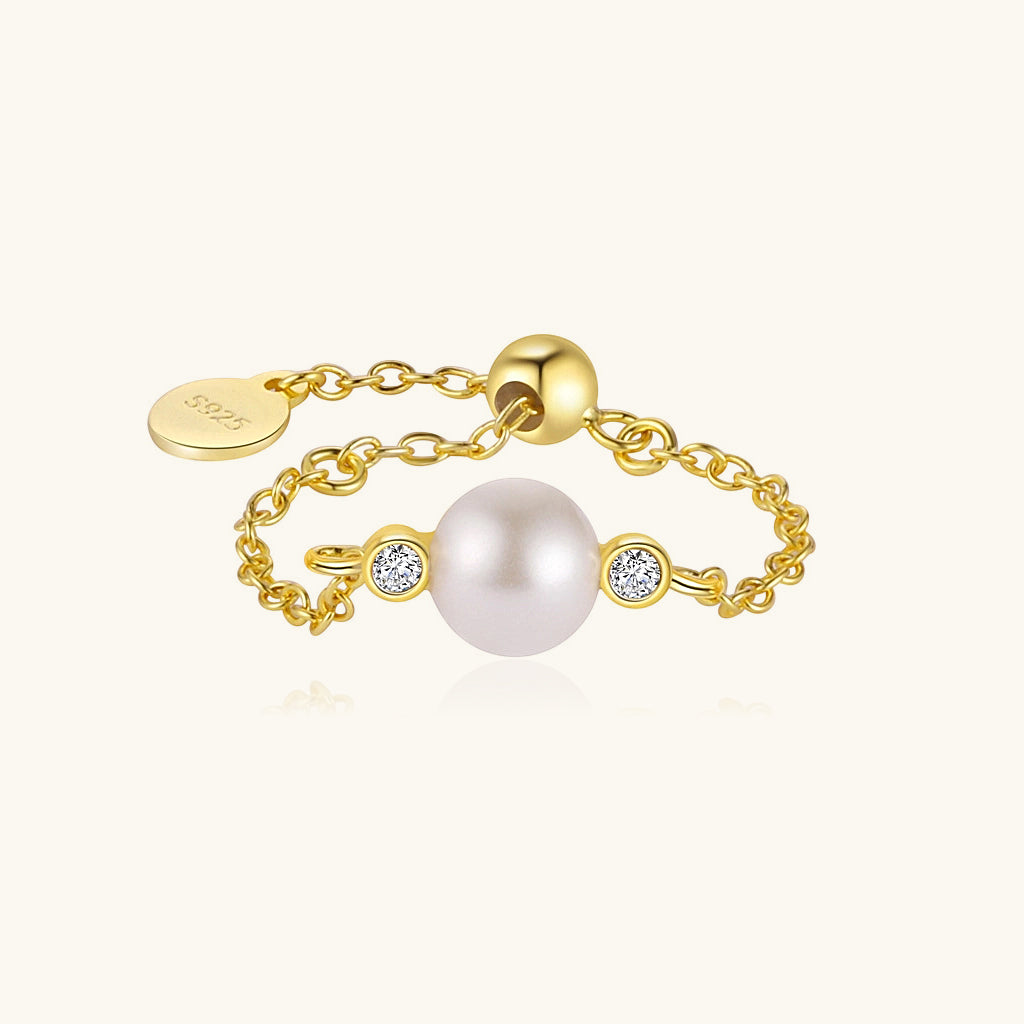 Adjustable Diamond Pearl Chain Ring - Gold
