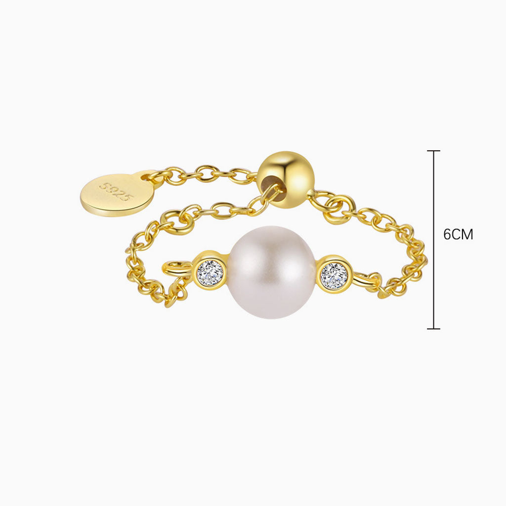 Adjustable Diamond Pearl Chain Ring - Gold
