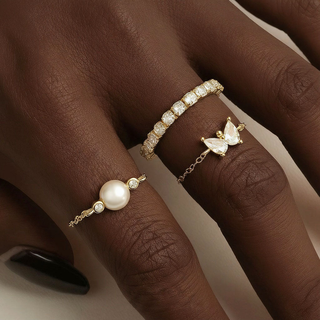 Adjustable Diamond Pearl Chain Ring - Gold