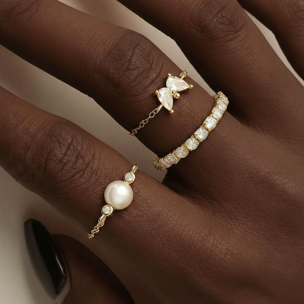 Adjustable Diamond Tennis Chain Ring - Gold