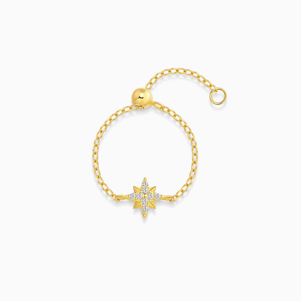 Adjustable Pave North Star Chain Ring - Gold
