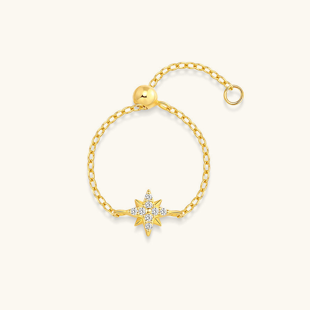 Adjustable Pave North Star Chain Ring - Gold