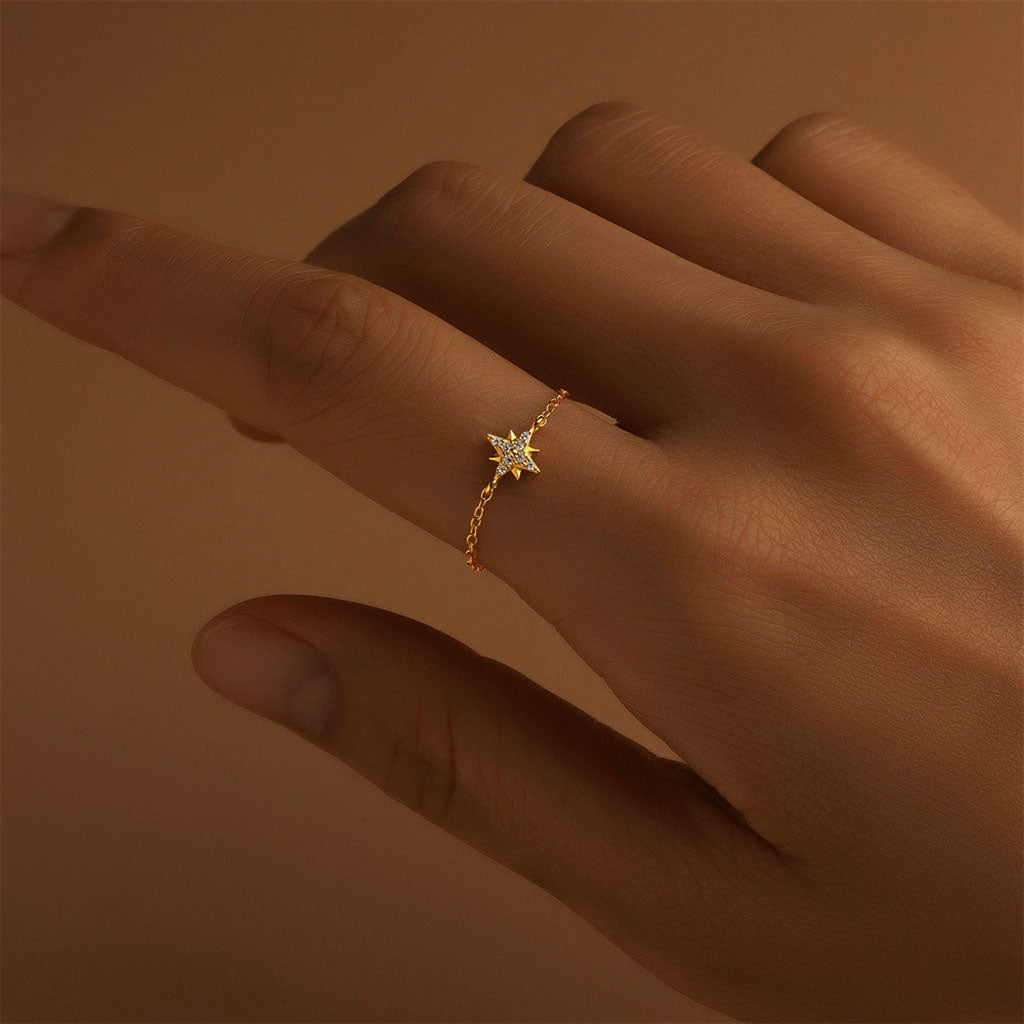 Adjustable Pave North Star Chain Ring - Gold