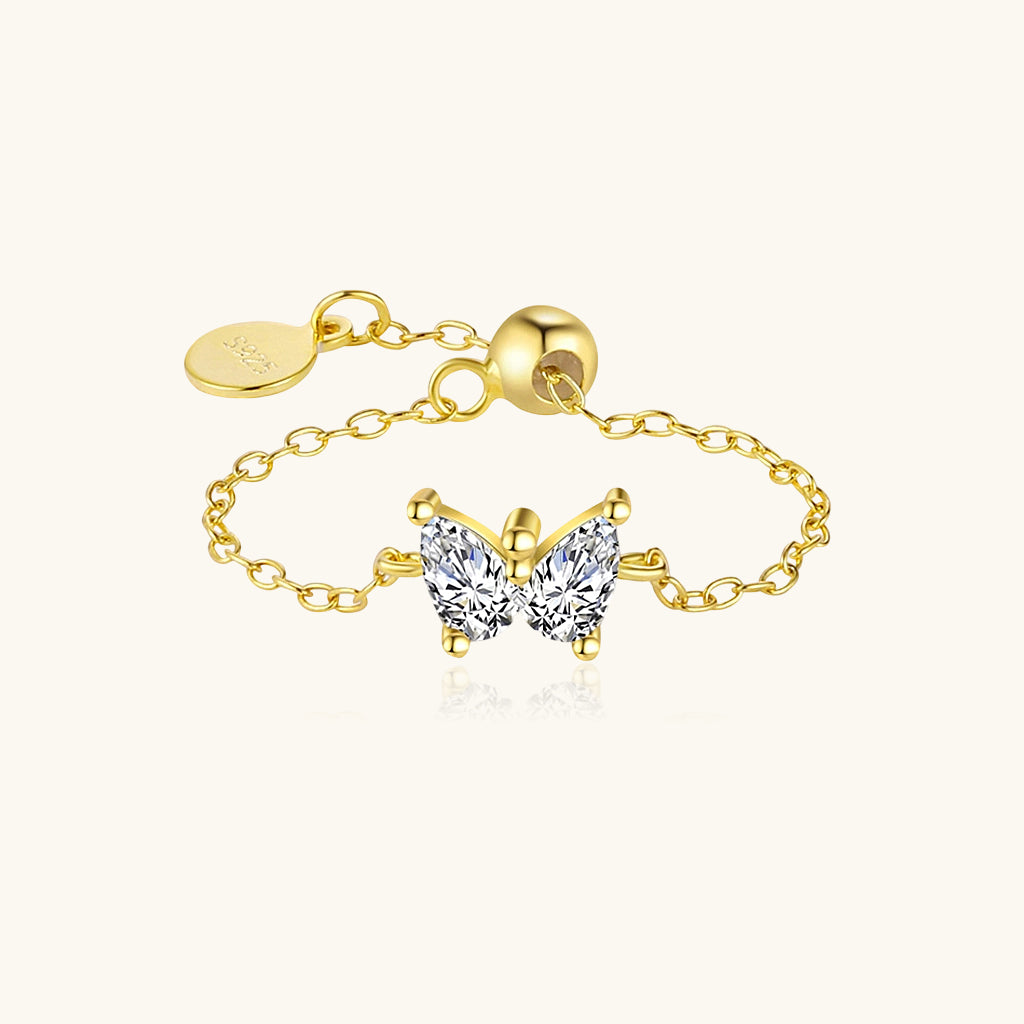 Adjustable Pear Diamond Butterfly Chain Ring - Gold