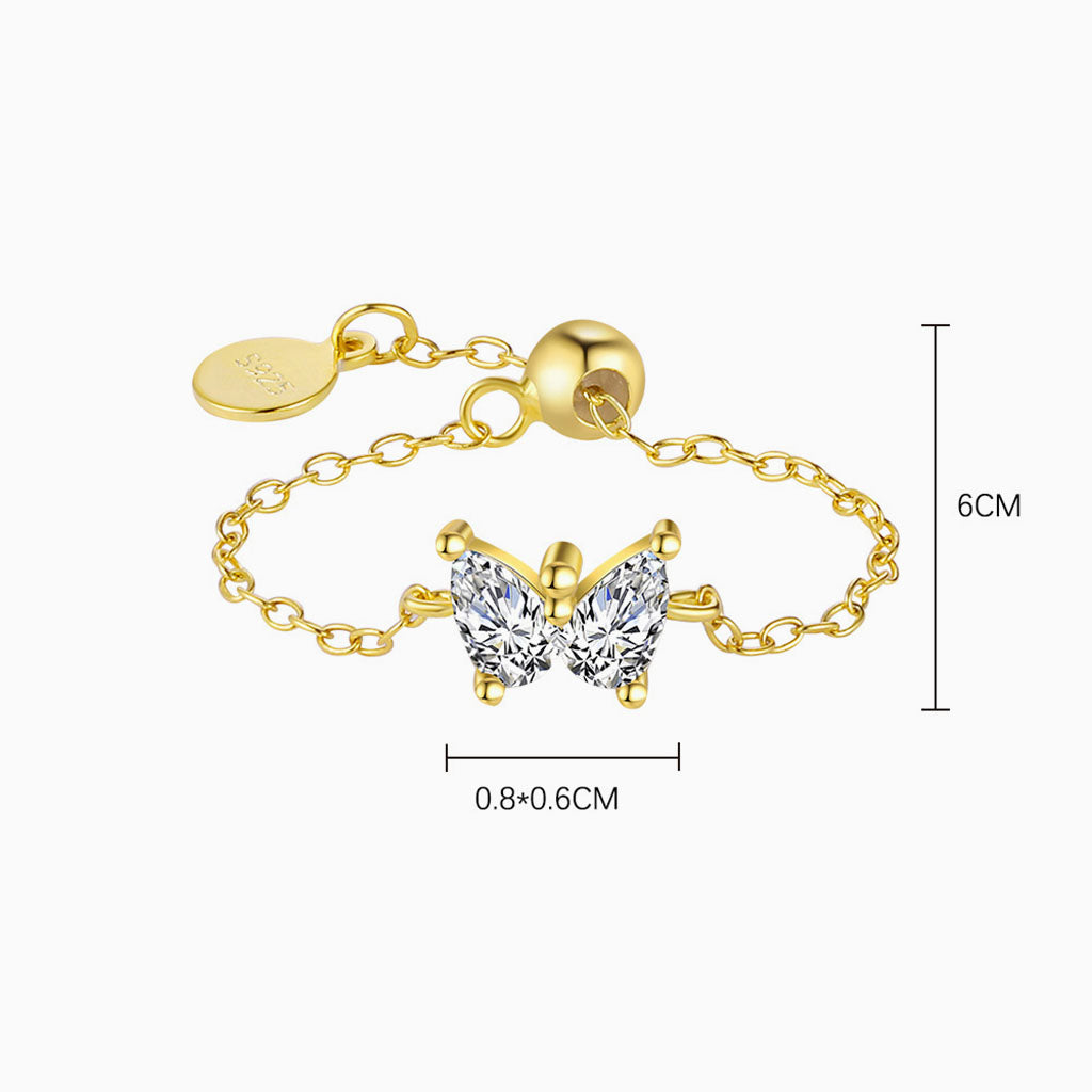 Adjustable Pear Diamond Butterfly Chain Ring - Gold