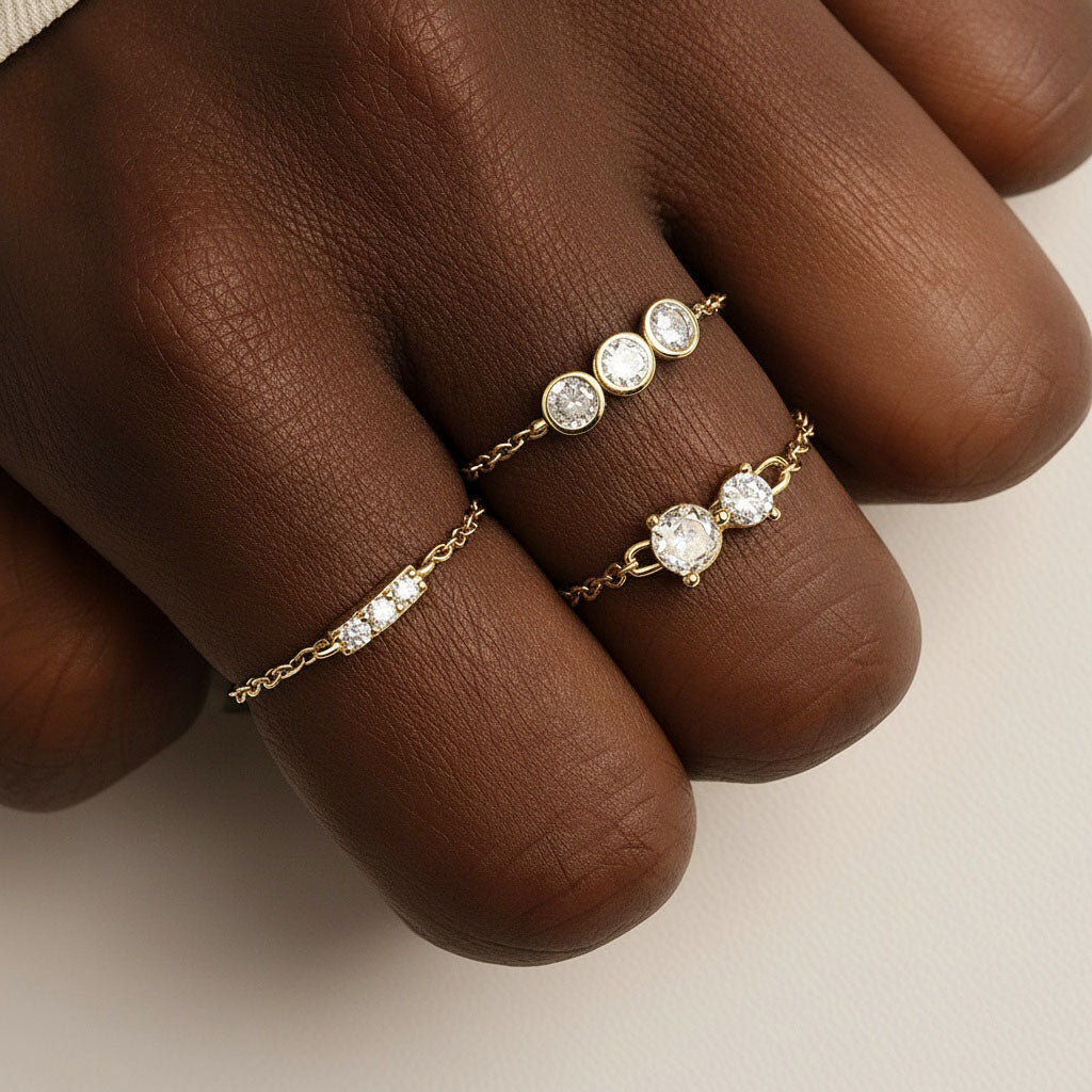 Adjustable Three Stone Diamond Bar Chain Ring - Gold