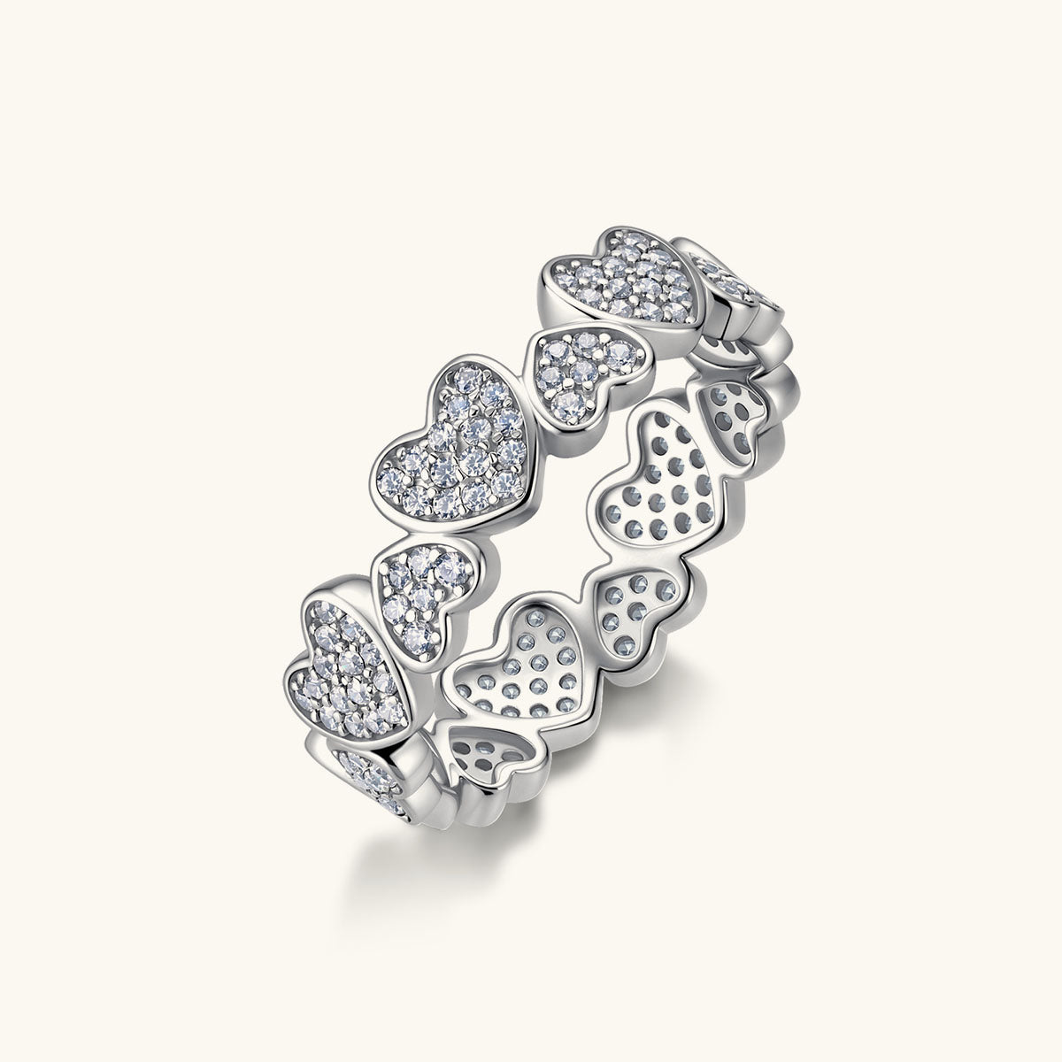 Alternating Heart Moissanite Eternity Band Ring - Silver