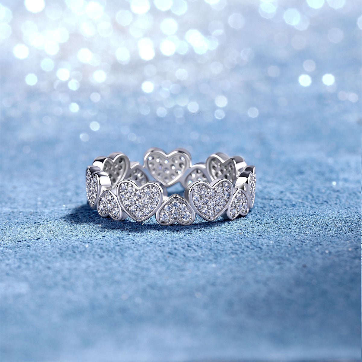 Alternating Heart Moissanite Eternity Band Ring - Silver