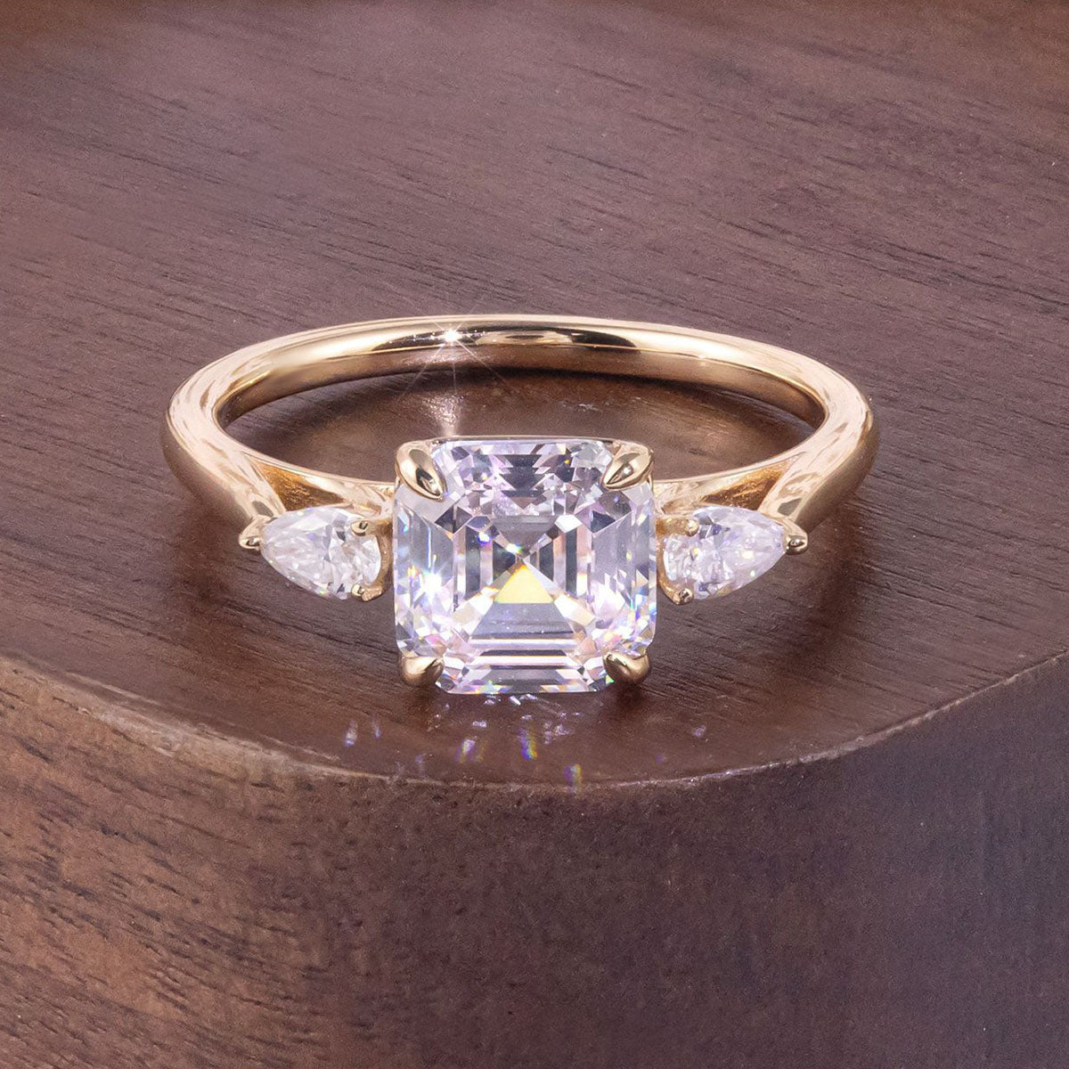 Asscher Three Stone Moissanite Ring - Gold