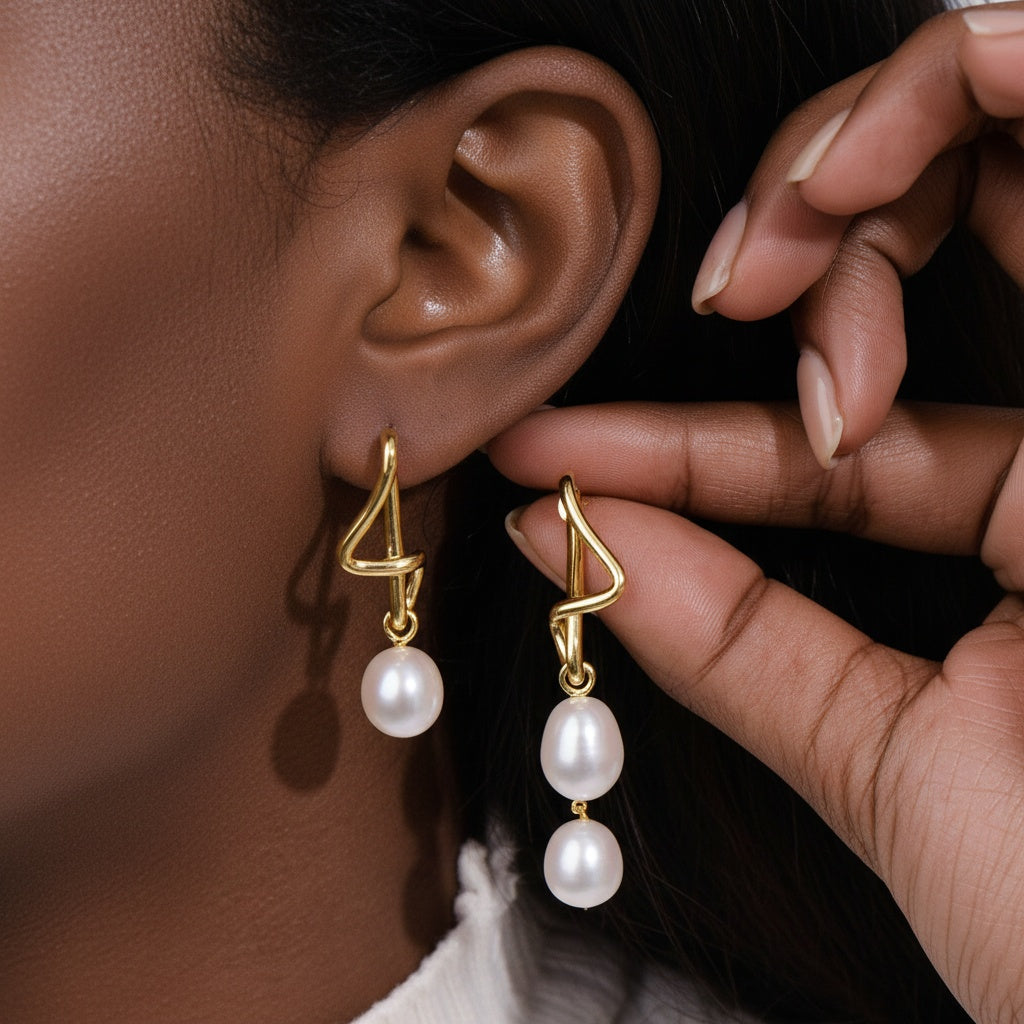 Asymmetrical Freshwater Baroque Pearl Drop Earrings - Gold