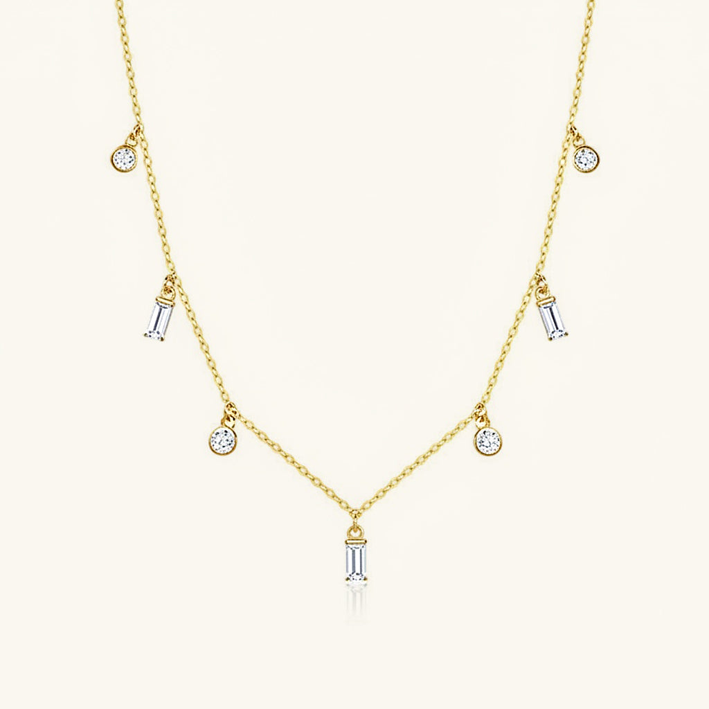 Baguette and Round Diamond Station Necklace - Gold