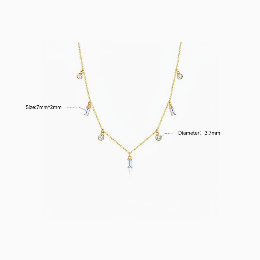 Baguette and Round Diamond Station Necklace - Gold